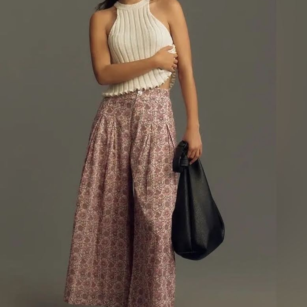RAGA Cream Ribbed Halter Top with Dusty Rose Wide-Leg Printed Pants